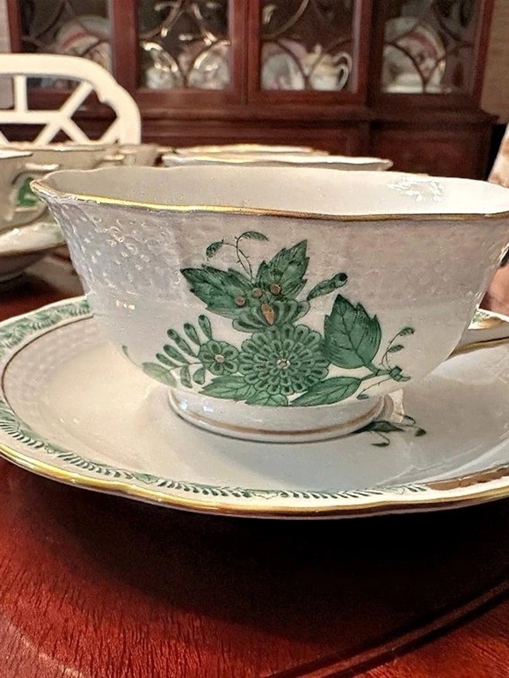 Herend Set of 12 Chinese Bouquet Green (Apponyi Green) Tea Cupsand Saucers